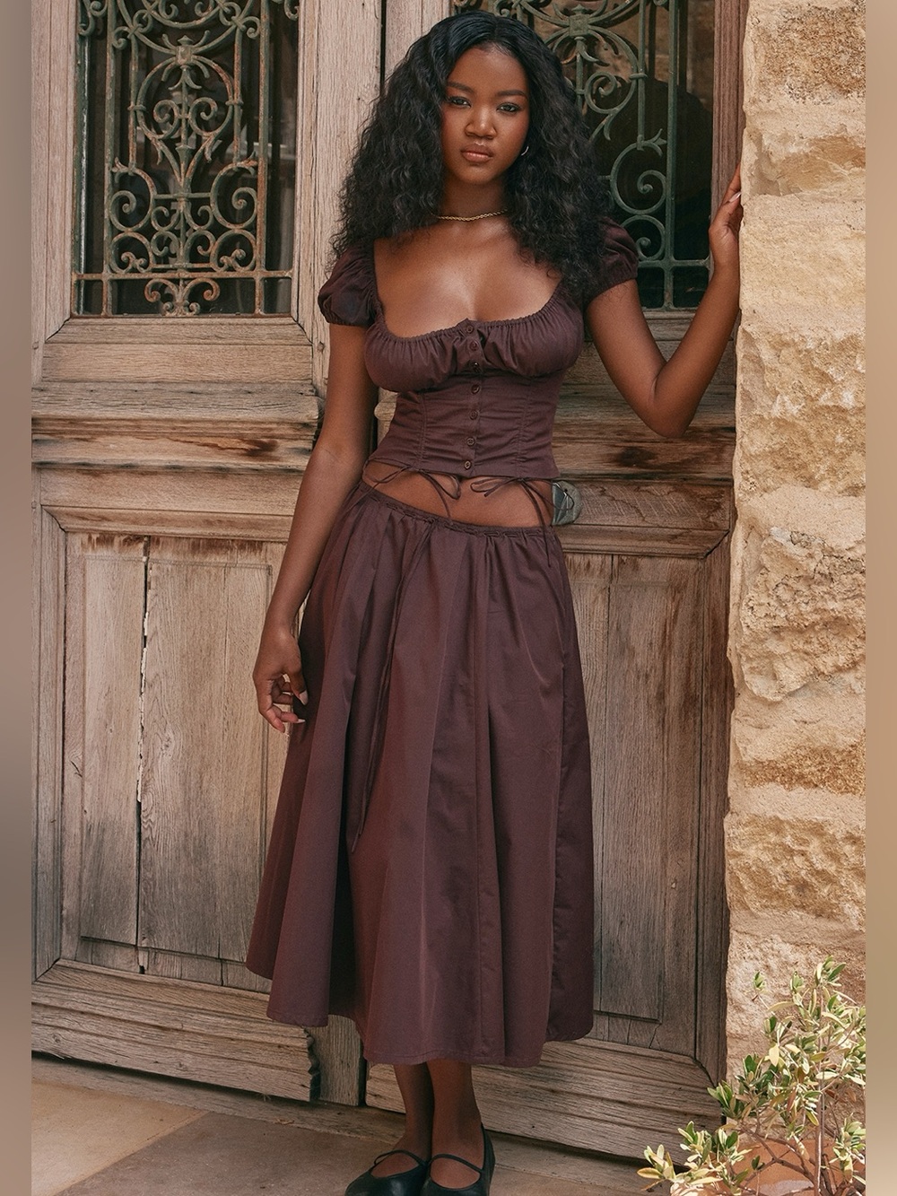 HOUSE OF CB 'Cora' Rich Brown Gathered Midi Skirt NWOT